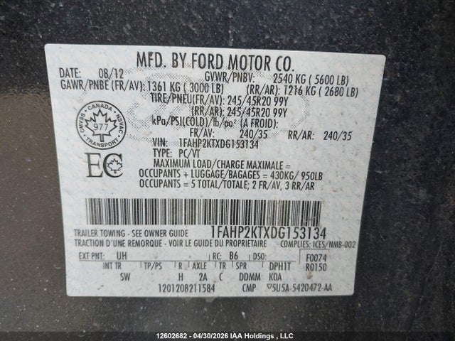 12602682 :رقم المزاد ، 1FAHP2KTXDG153134 vin ، 2013 Ford Taurus Sho مزاد بيع