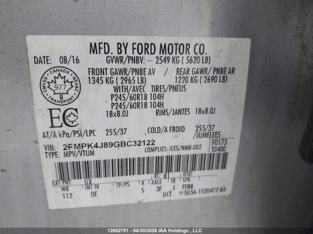 2016 Ford Edge Sel მანქანა იყიდება აუქციონზე, vin: 2FMPK4J89GBC32122, აუქციონის ნომერი: 12602701