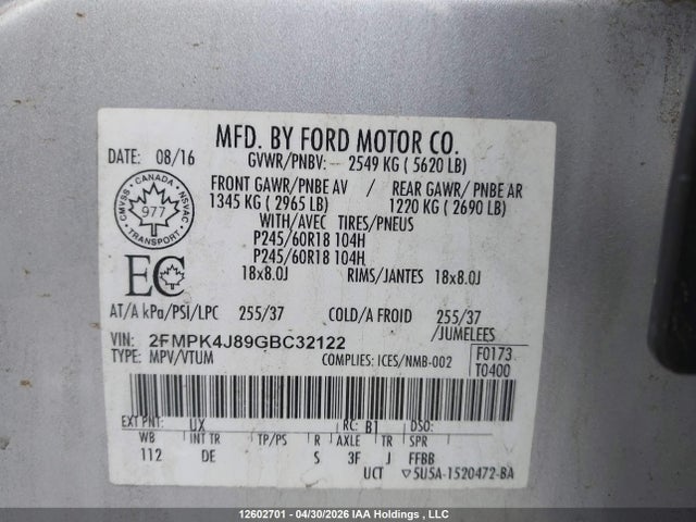 2016 Ford Edge Sel მანქანა იყიდება აუქციონზე, vin: 2FMPK4J89GBC32122, აუქციონის ნომერი: 12602701