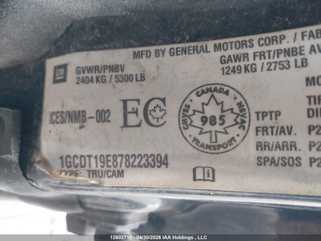 2007 Chevrolet Colorado Ls/lt მანქანა იყიდება აუქციონზე, vin: 1GCDT19E878223394, აუქციონის ნომერი: 12602710