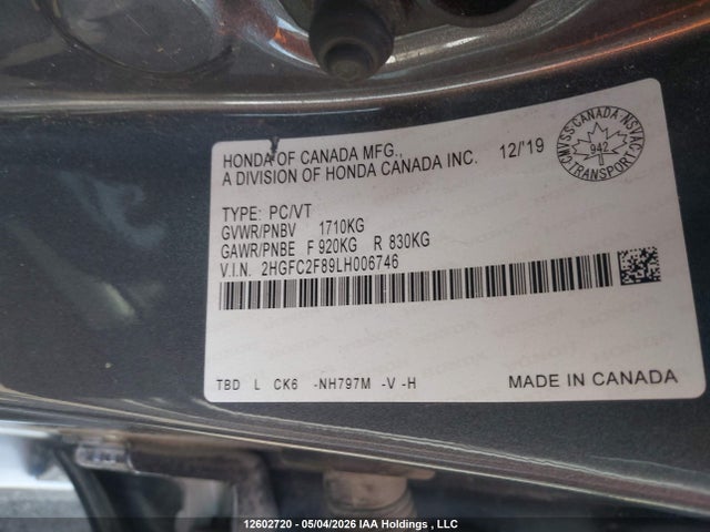 Продажа на аукционе авто 2020 Honda Civic Sport, vin: 2HGFC2F89LH006746, номер лота: 12602720