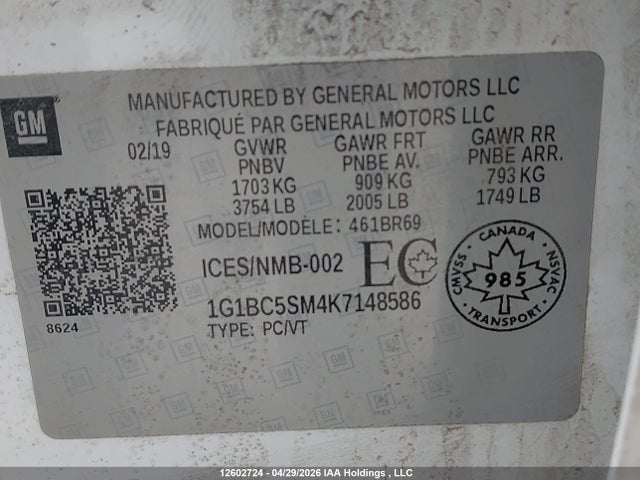 Продаж на аукціоні авто 2019 Chevrolet Cruze Ls, vin: 1G1BC5SM4K7148586, номер лоту: 12602724