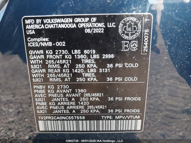 12602728 :رقم المزاد ، 1V2FR2CA0NC557558 vin ، 2022 Volkswagen Atlas 3.6 Fsi Execline مزاد بيع
