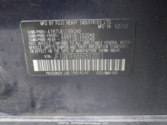 Продажа на аукционе авто 2011 Subaru Impreza Wrx, vin: JF1GV7F68BG512013, номер лота: 12602729