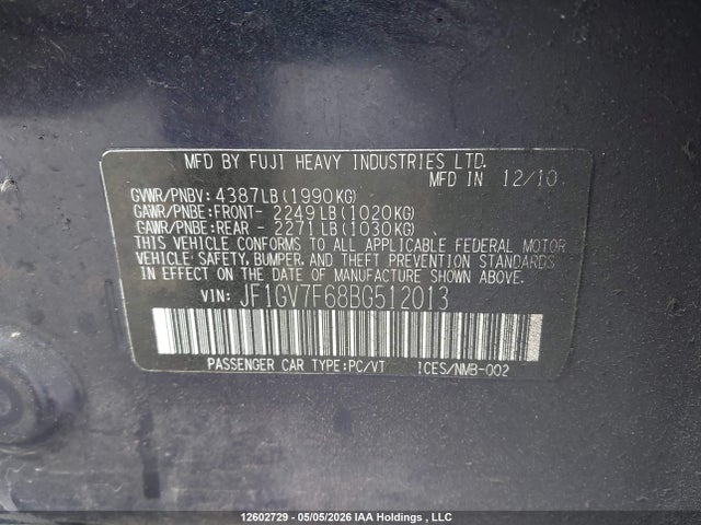 Продажа на аукционе авто 2011 Subaru Impreza Wrx, vin: JF1GV7F68BG512013, номер лота: 12602729