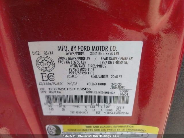 1FTFW1EF3EFC02430 Ford F150 Supercrew