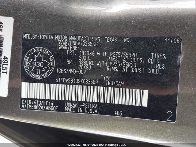 2009 Toyota Tundra Crewmax Limited მანქანა იყიდება აუქციონზე, vin: 5TFDV58109X083589, აუქციონის ნომერი: 12602733