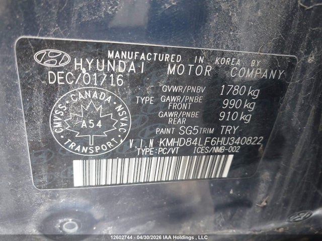 12602744 :رقم المزاد ، KMHD84LF6HU340822 vin ، 2017 Hyundai Elantra Se/value/limited مزاد بيع
