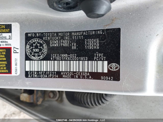 12602746 :رقم المزاد ، 4T1BD1FK6CU001853 vin ، 2012 Toyota Camry Hybrid/le/xle مزاد بيع
