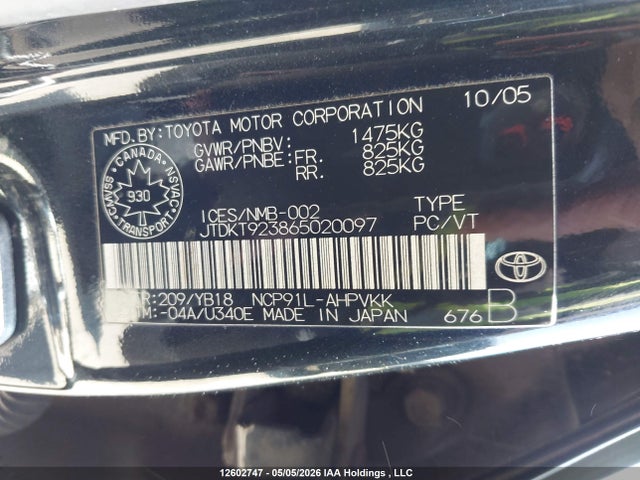 12602747 :رقم المزاد ، JTDKT923865020097 vin ، 2006 Toyota Yaris مزاد بيع