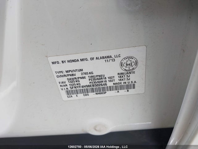 Продаж на аукціоні авто 2014 Honda Pilot Touring, vin: 5FNYF4H98EB502646, номер лоту: 12602750