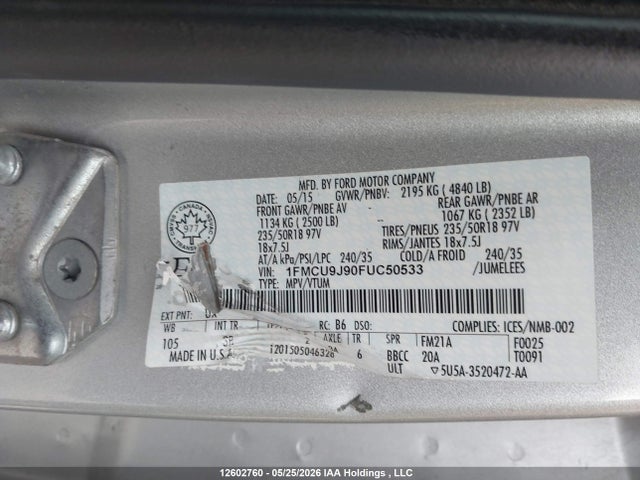 Продажа на аукционе авто 2015 Ford Escape Titanium, vin: 1FMCU9J90FUC50533, номер лота: 12602760