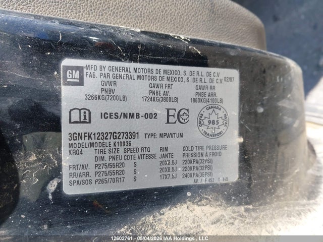 12602761 :رقم المزاد ، 3GNFK12327G273391 vin ، 2007 Chevrolet Avalanche 1500 Ls/lt/ltz مزاد بيع