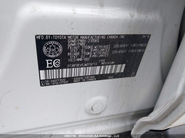2018 Toyota Rav4 Le მანქანა იყიდება აუქციონზე, vin: 2T3BFREV5JW778713, აუქციონის ნომერი: 12602766