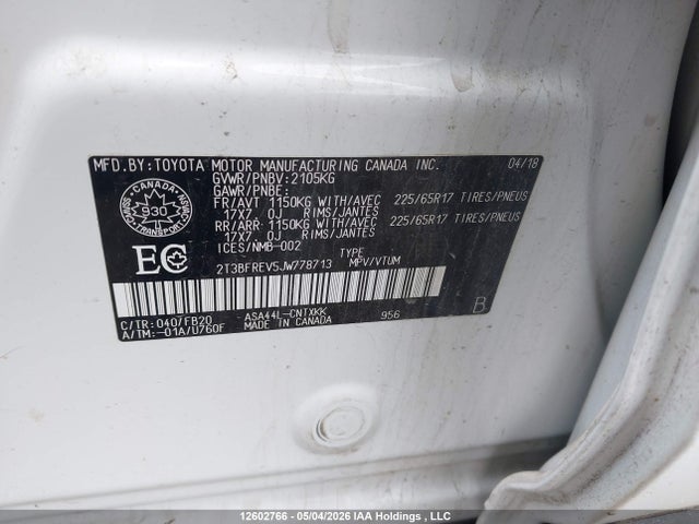 2018 Toyota Rav4 Le მანქანა იყიდება აუქციონზე, vin: 2T3BFREV5JW778713, აუქციონის ნომერი: 12602766