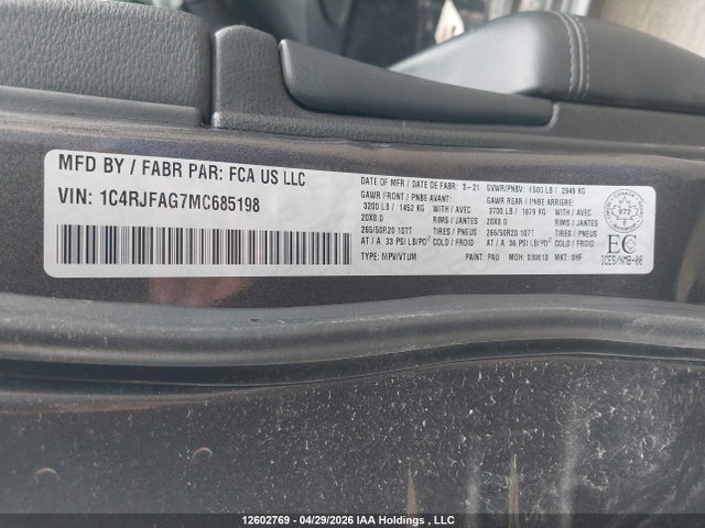 Продажа на аукционе авто 2021 Jeep Grand Cherokee, vin: 1C4RJFAG7MC685198, номер лота: 12602769