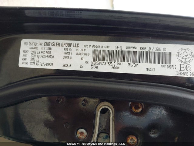 12602771 :رقم المزاد ، 1C6RD7PT7CS152216 vin ، 2012 Dodge Ram 1500 Longhorn مزاد بيع