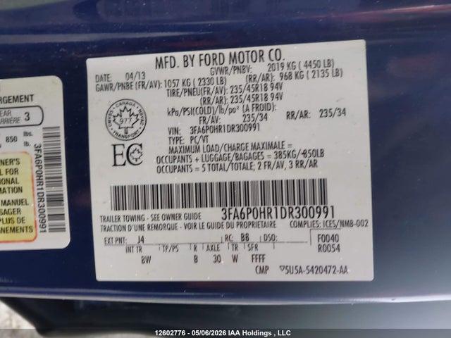 Продажа на аукционе авто 2013 Ford Fusion Se, vin: 3FA6P0HR1DR300991, номер лота: 12602776