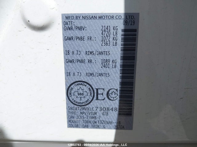 Продаж на аукціоні авто 2020 Nissan Rogue S/sl/sv, vin: 5N1AT2MVXLC730848, номер лоту: 12602783