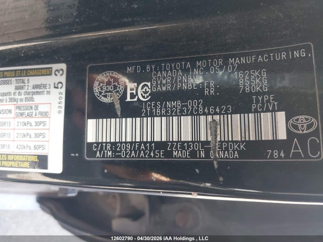 12602790 :رقم المزاد ، 2T1BR32E37C846423 vin ، 2007 Toyota Corolla Ce/le/s مزاد بيع