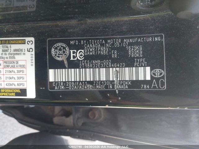 12602790 :رقم المزاد ، 2T1BR32E37C846423 vin ، 2007 Toyota Corolla Ce/le/s مزاد بيع