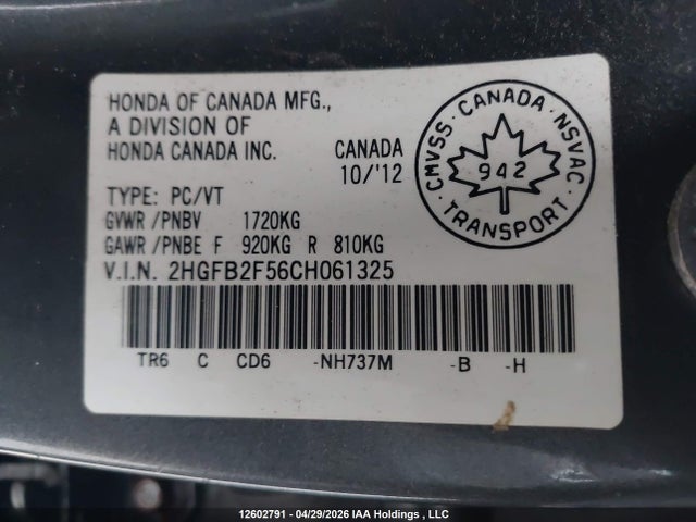 Продажа на аукционе авто 2012 Honda Civic, vin: 2HGFB2F56CH061325, номер лота: 12602791