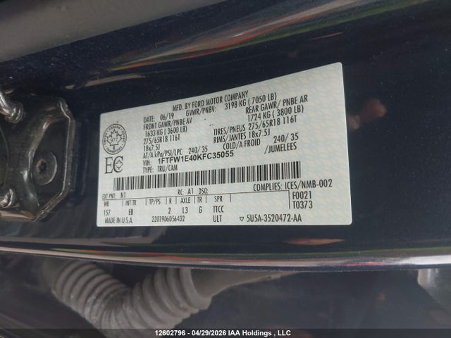 2019 Ford F150 Supercrew მანქანა იყიდება აუქციონზე, vin: 1FTFW1E40KFC35055, აუქციონის ნომერი: 12602796