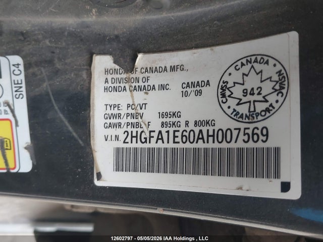 2010 Honda Civic Lx-s მანქანა იყიდება აუქციონზე, vin: 2HGFA1E60AH007569, აუქციონის ნომერი: 12602797