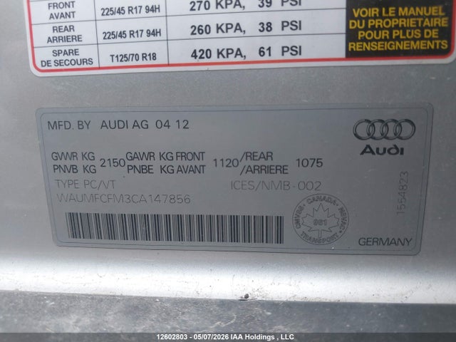 Aukcja sprzedaży 2012 Audi A3 2.0t Progressiv, vin: WAUMFCFM3CA147856, numer aukcji: 12602803