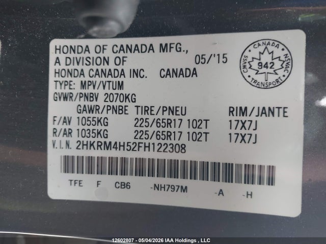 Aukcja sprzedaży 2015 Honda Cr-v, vin: 2HKRM4H52FH122308, numer aukcji: 12602807