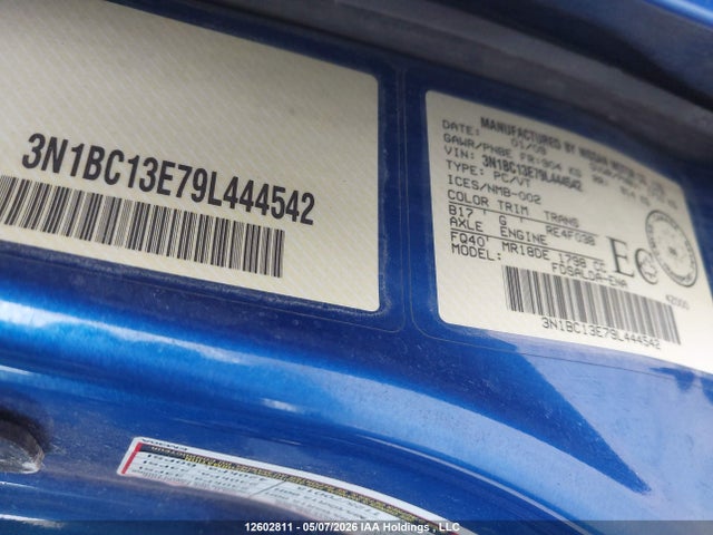 2009 Nissan Versa S/sl მანქანა იყიდება აუქციონზე, vin: 3N1BC13E79L444542, აუქციონის ნომერი: 12602811