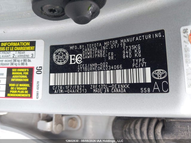 2T1BURHE0KC234066 Toyota COROLLA LE