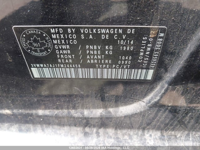 12602831 :رقم المزاد ، 3VWWA7AJ1FM244458 vin ، 2015 Volkswagen Jetta مزاد بيع