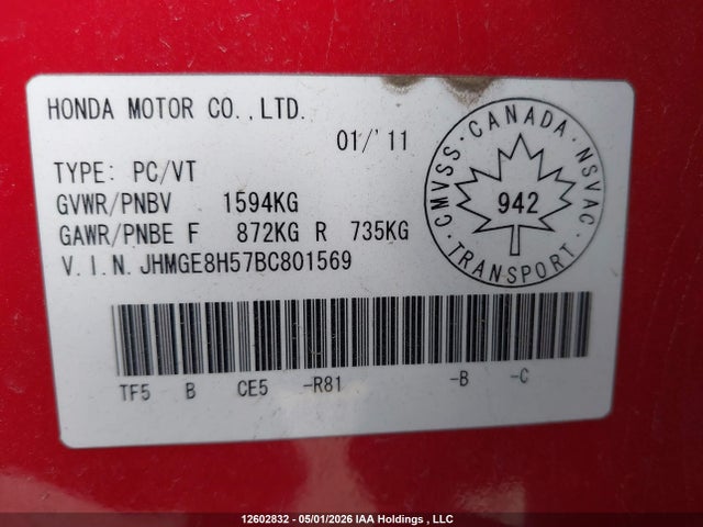 Продаж на аукціоні авто 2011 Honda Fit, vin: JHMGE8H57BC801569, номер лоту: 12602832