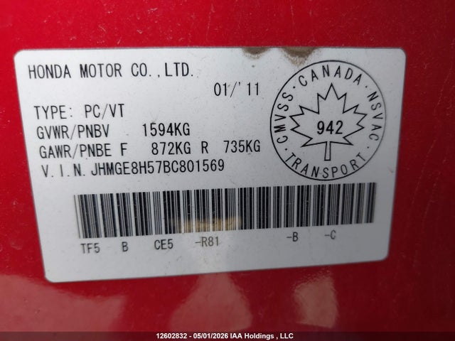Продаж на аукціоні авто 2011 Honda Fit, vin: JHMGE8H57BC801569, номер лоту: 12602832