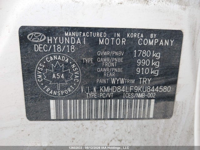 2019 Hyundai Elantra Preferred მანქანა იყიდება აუქციონზე, vin: KMHD84LF9KU844580, აუქციონის ნომერი: 12602833
