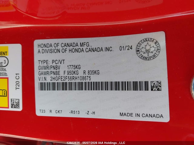 Продажа на аукционе авто 2024 Honda Civic, vin: 2HGFE2F56RH108675, номер лота: 12602835