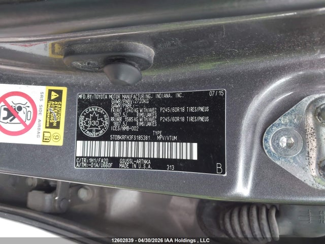 Toyota Highlander 2015 5TDBKRFH3FS185381 Image 18