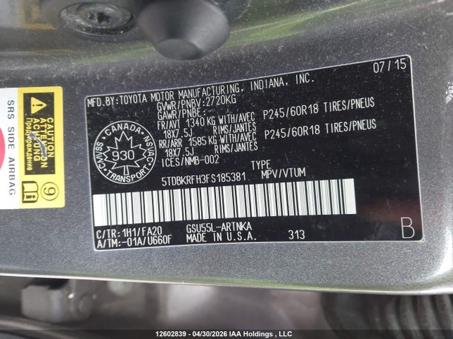 Toyota Highlander 2015 5TDBKRFH3FS185381 Image 9