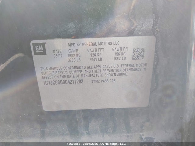 2012 Chevrolet Sonic 2lt მანქანა იყიდება აუქციონზე, vin: 1G1JC6SB8C4217203, აუქციონის ნომერი: 12602852