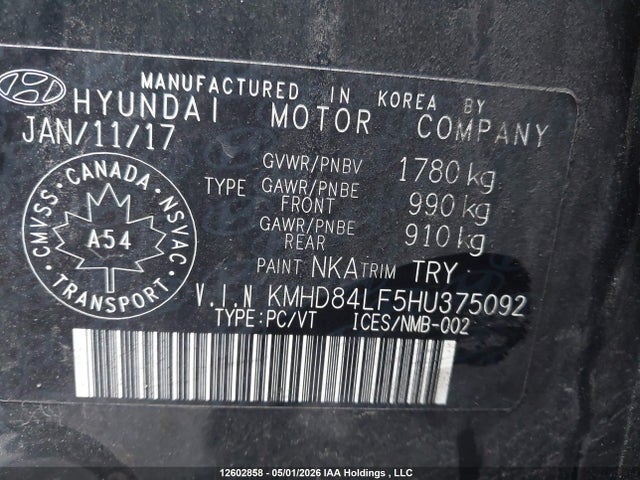 2017 Hyundai Elantra Se/value/limited მანქანა იყიდება აუქციონზე, vin: KMHD84LF5HU375092, აუქციონის ნომერი: 12602858