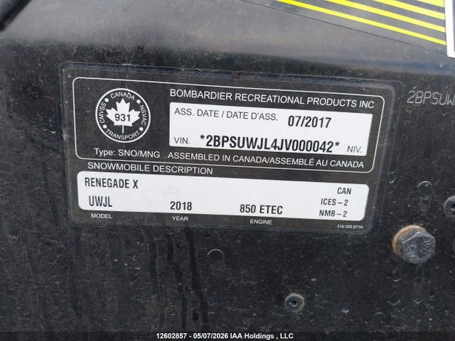 Aukcja sprzedaży 2018 Skidoo , vin: 2BPSUWJL4JV000042, numer aukcji: 12602857
