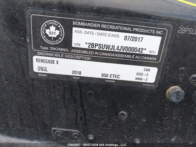 Aukcja sprzedaży 2018 Skidoo , vin: 2BPSUWJL4JV000042, numer aukcji: 12602857