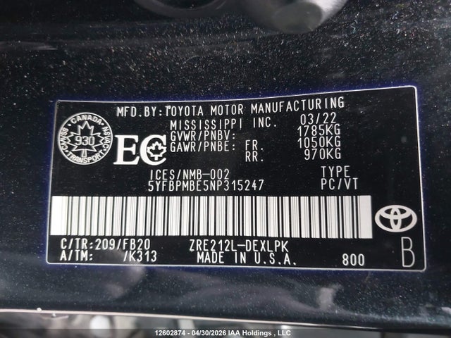 2022 Toyota Corolla Le მანქანა იყიდება აუქციონზე, vin: 5YFBPMBE5NP315247, აუქციონის ნომერი: 12602874