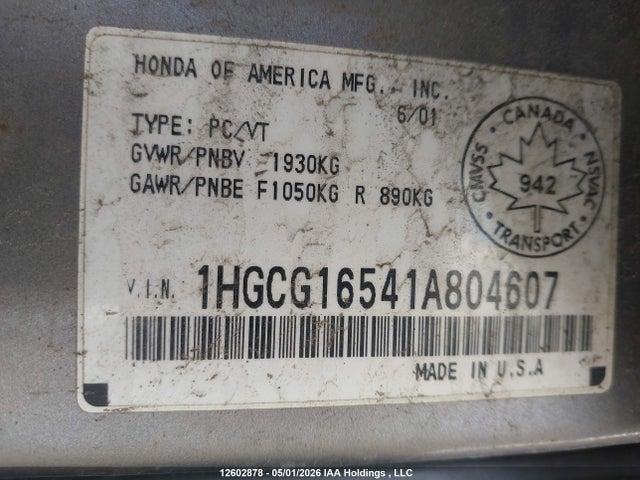 12602878 :رقم المزاد ، 1HGCG16541A804607 vin ، 2001 Honda Accord Ex مزاد بيع