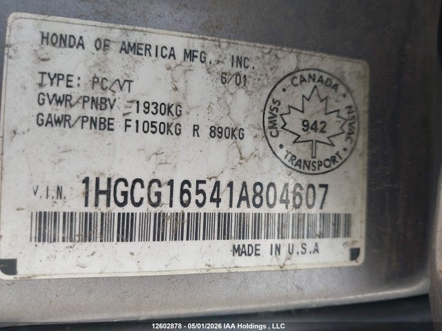 12602878 :رقم المزاد ، 1HGCG16541A804607 vin ، 2001 Honda Accord Ex مزاد بيع