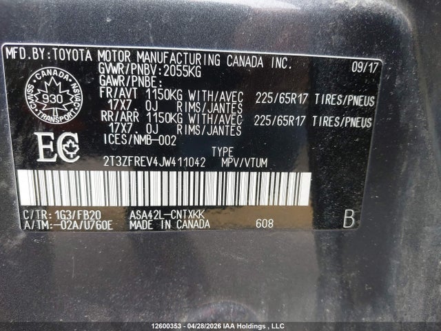 2T3ZFREV4JW411042 Toyota RAV4 LE