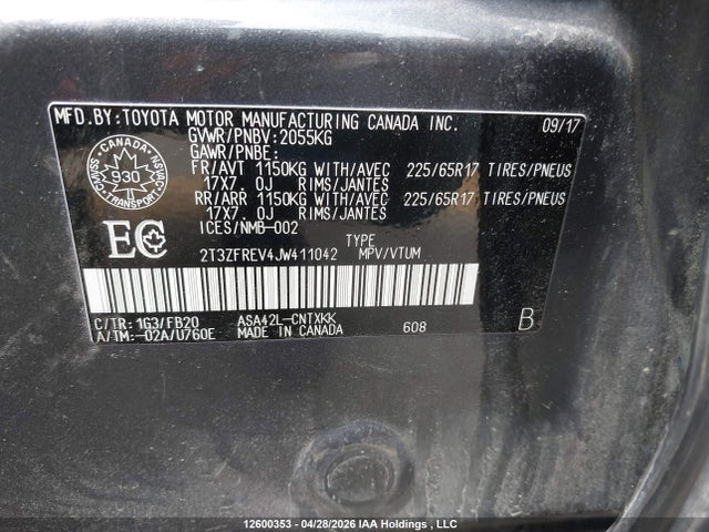 2T3ZFREV4JW411042 Toyota RAV4 LE