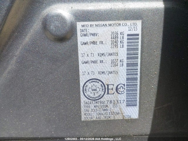 Продаж на аукціоні авто 2016 Nissan Rogue, vin: 5N1AT2MT8GC781317, номер лоту: 12602883