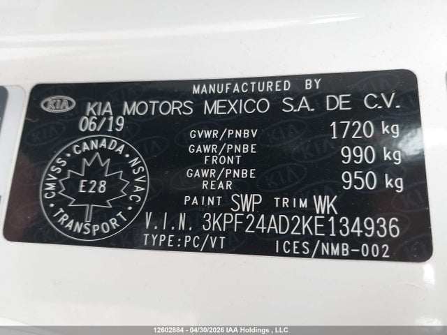 12602884 :رقم المزاد ، 3KPF24AD2KE134936 vin ، 2019 Kia Forte مزاد بيع